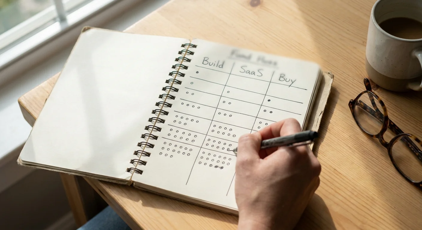 Gros plan sur un carnet de notes avec une main dessinant une matrice de décision comparant les options logicielles (Build, SaaS, Buy) en fonction de la taille de l'équipe.