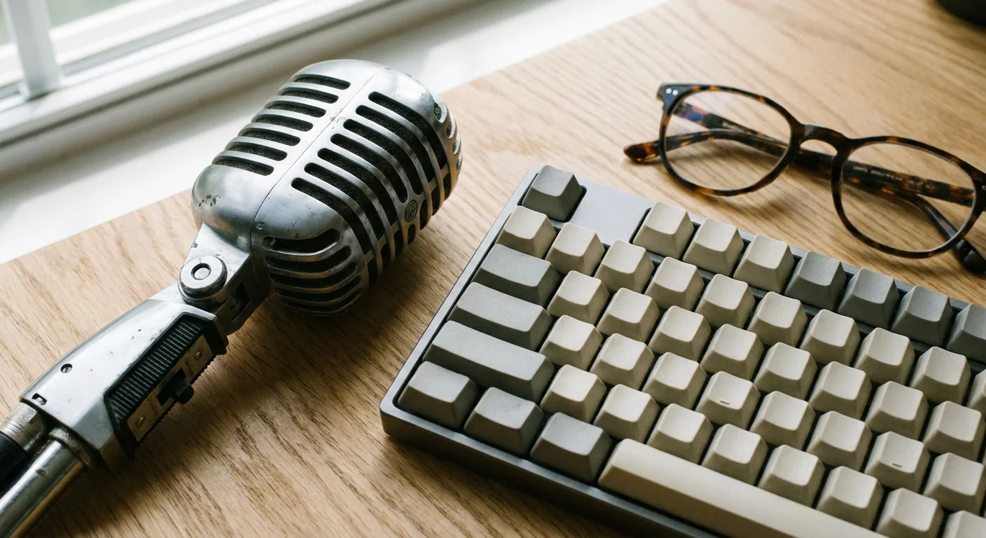 Gros plan sur un microphone et un clavier sur du bois, symbolisant l'équilibre entre voix et écriture dans l'automatisation.