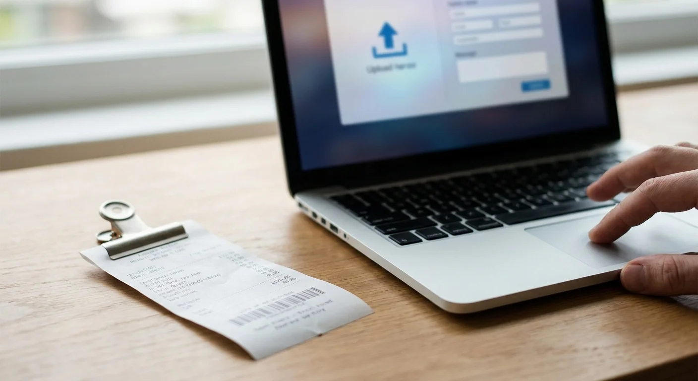 Gros plan sur un reçu papier et un clavier d'ordinateur, illustrant le traitement numérique des justificatifs dans un workflow automatisé sans application dédiée.