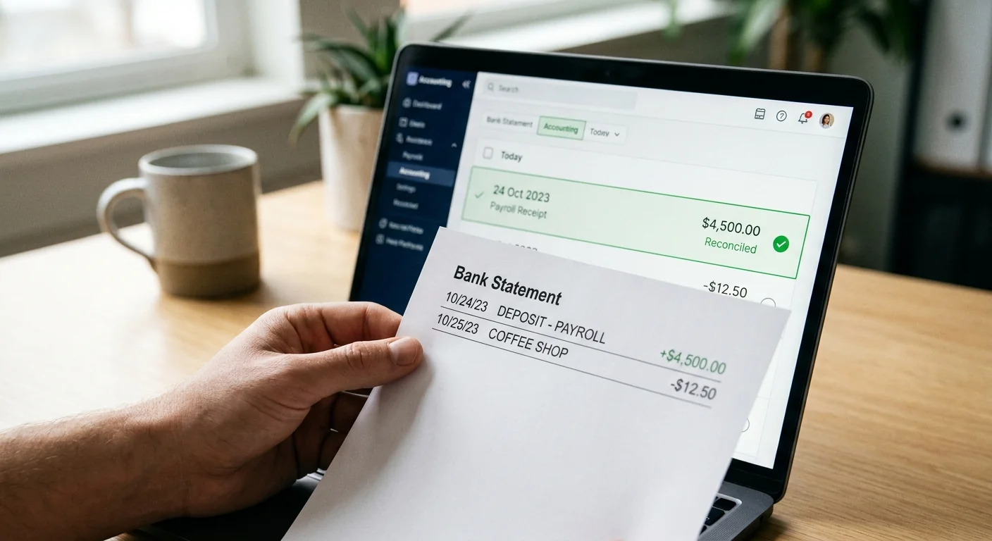 Un relevé bancaire papier et un écran d'ordinateur affichant une interface de rapprochement comptable pour un seul compte, symbolisant le rapprochement bancaire automatisé progressif.