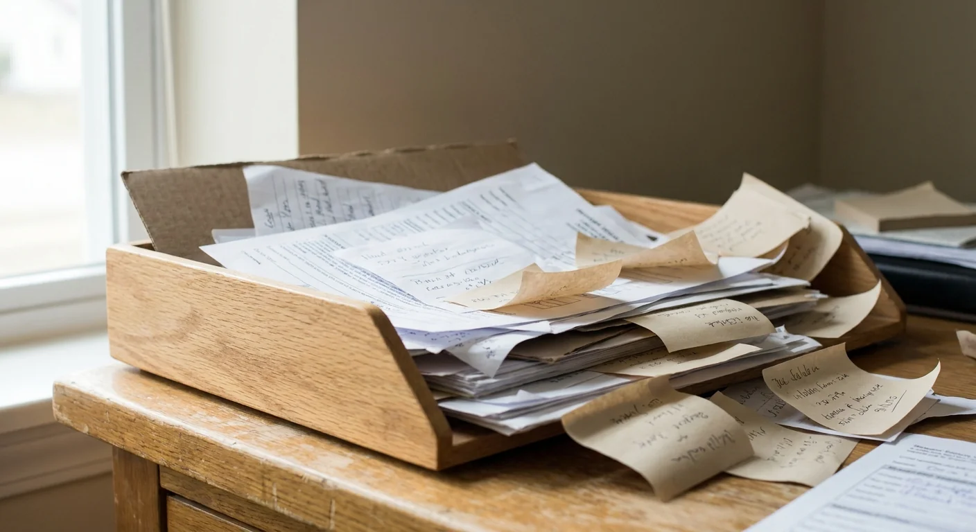 Gros plan sur un bac à courrier débordant de notes papier, illustrant la saturation possible dans la gestion de tâches sans tri préalable.