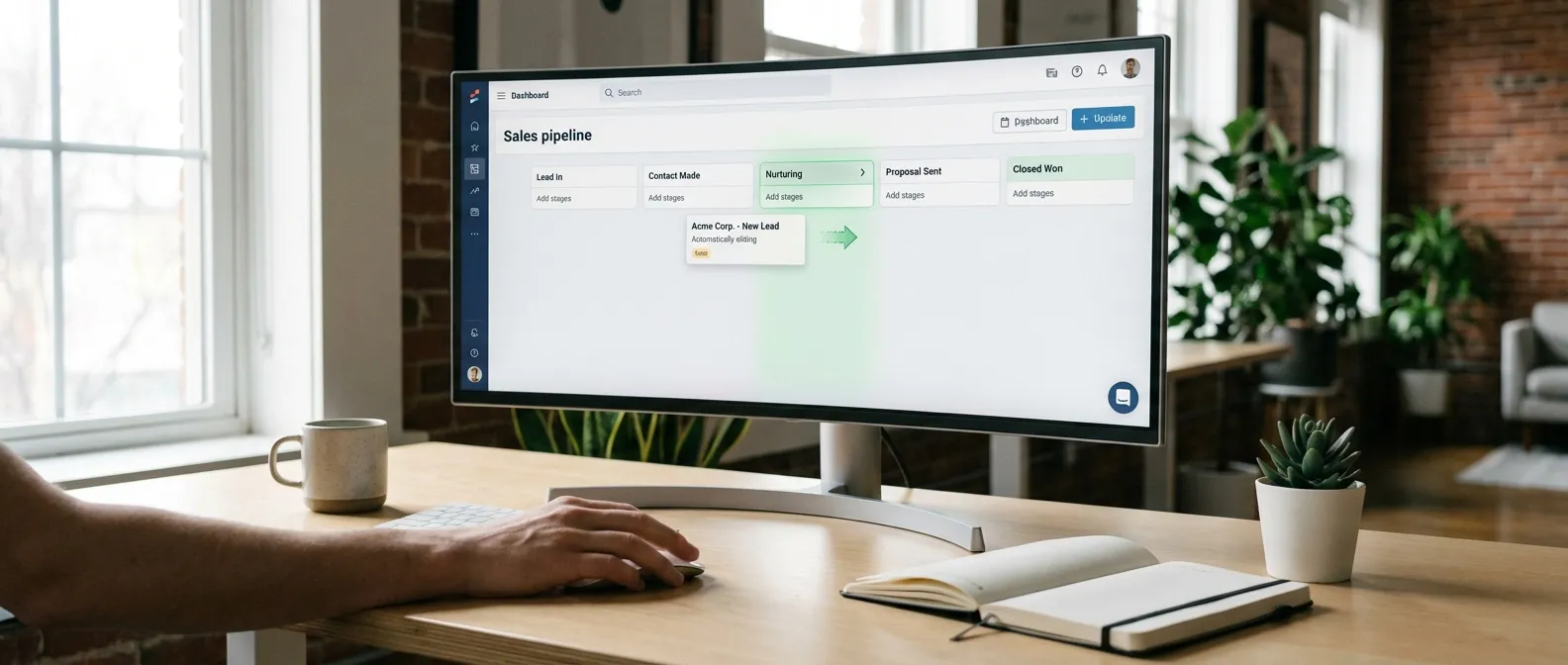 Vue large d'un bureau moderne avec un écran affichant un tableau de bord CRM où une séquence de suivi automatisée est visible dans le pipeline des ventes. Contexte de l'automatisation des leads CRM.