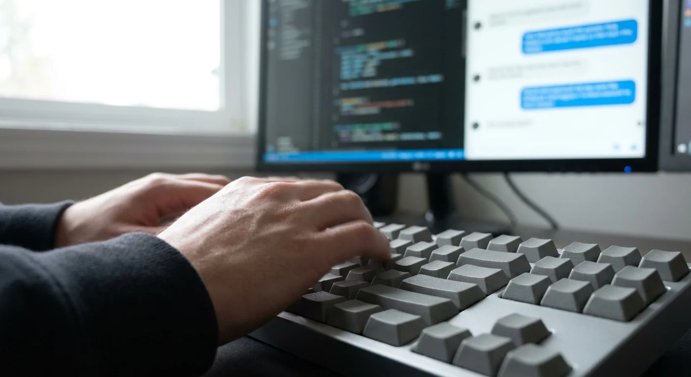 Gros plan sur des mains tapant sur un clavier, avec un écran en arrière-plan montrant l'interface d'un assistant coding AI en action.