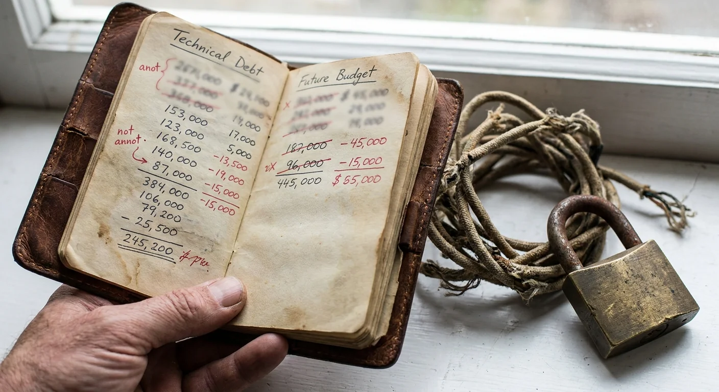 A close-up of a hand holding a budget notebook with red marks and a heavy padlock, symbolizing the unmeasured technical debt in automation.