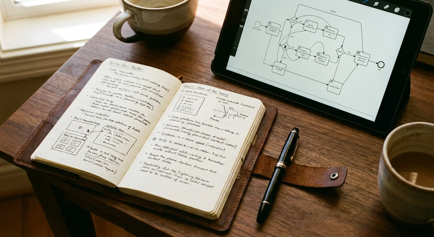 Vue rapprochée d'un carnet de notes et d'une tablette avec un diagramme de flux, symbolisant le processus d'augmentation d'équipe par l'IA.