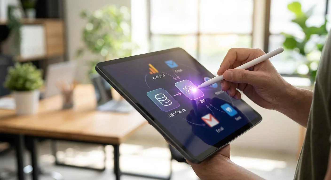Gros plan sur une tablette montrant une interface visuelle de connexion pour l'automatisation de process entre des applications, manipulée par un stylet.