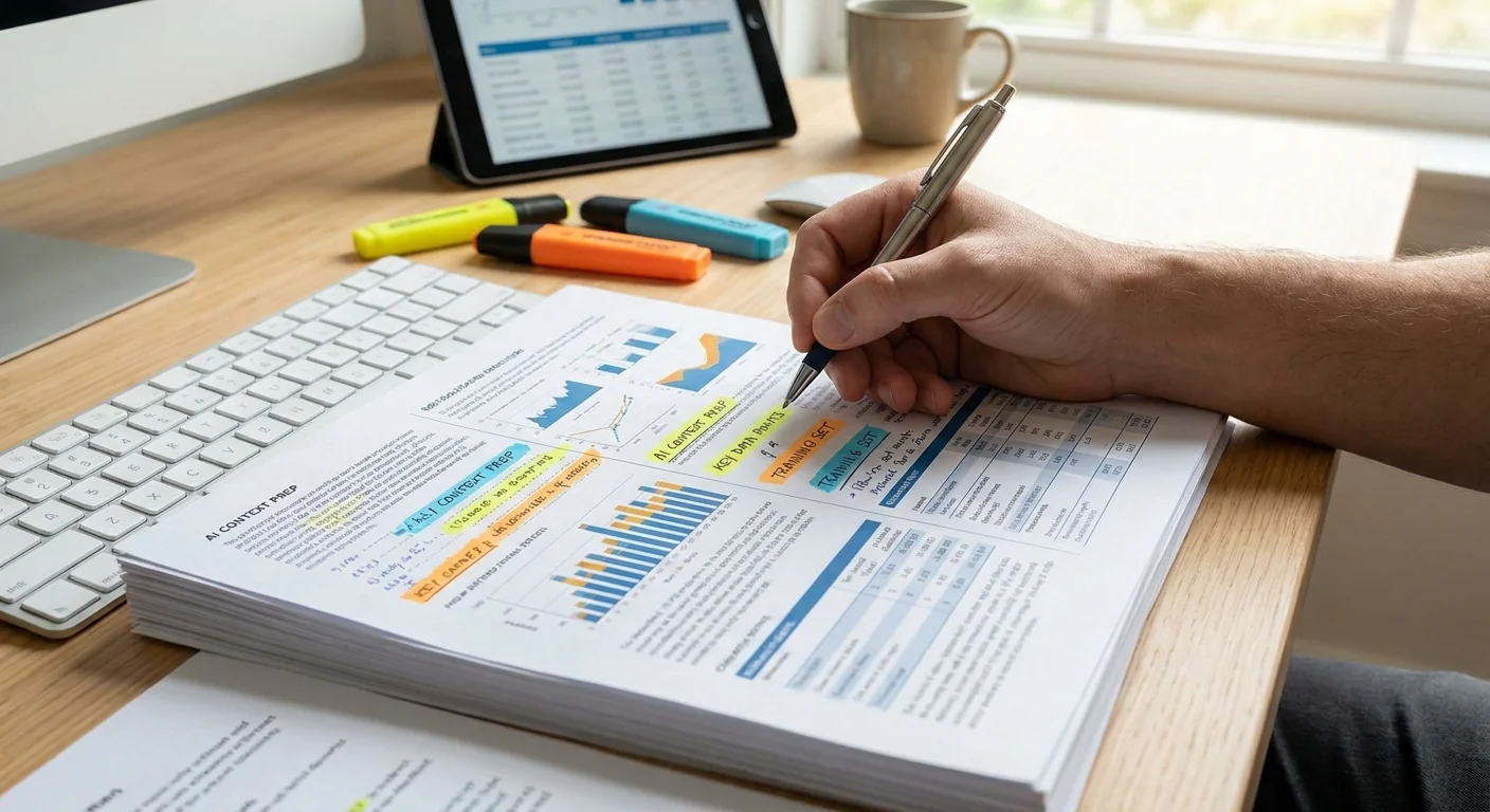Gros plan sur une main annotant un document technique complexe, préparant le contexte nécessaire pour maximiser la productivité IA en entreprise.
