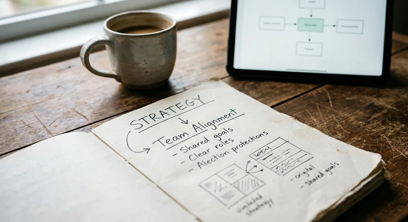 A close-up photograph of a notebook with handwritten notes on internal strategy and change management on a wooden desk, next to a tablet.