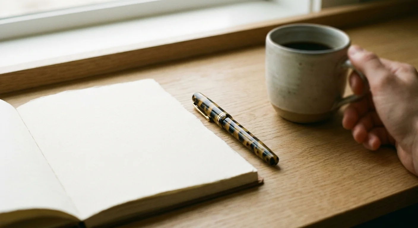 Gros plan sur un carnet et un stylo utilisés pour l'optimisation du matin et la productivité, posés sur une table en bois clair.