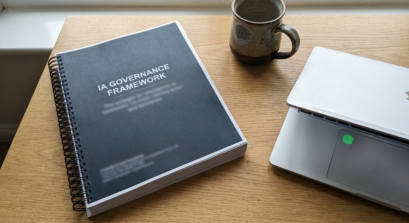 Gros plan sur un document de cadre de gouvernance IA posé sur un bureau en bois, représentant la mise en conformité LPD et la sécurité des données.